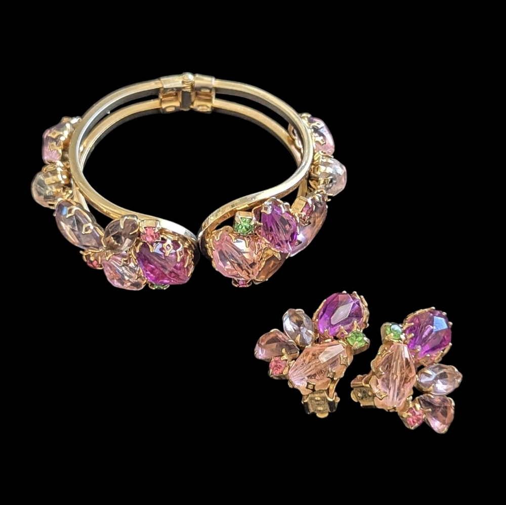 Vintage Alice Caviness Cuff Bracelet Rhinestones Glass Beads Clamper & Earrings.
